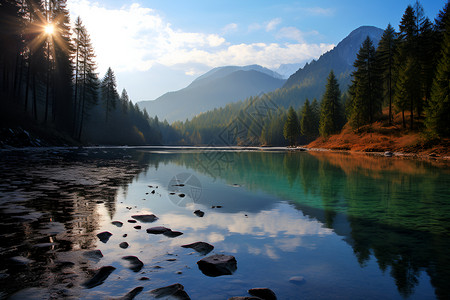 山林围绕的湖泊背景图片