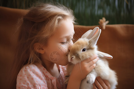 沙发上的兔子和儿童背景图片