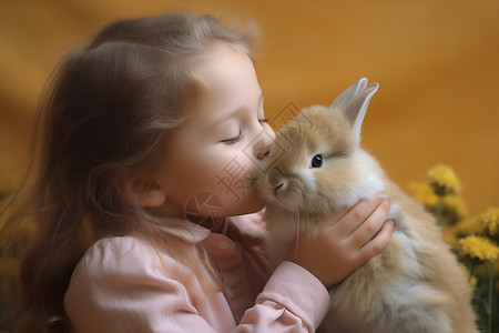 亲兔子的可爱女孩背景图片