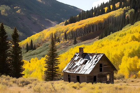 秋季森林中的木屋背景图片