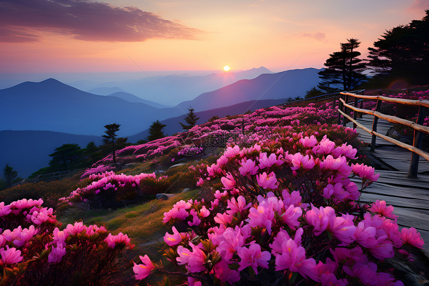 夕阳山丘上的花朵图片