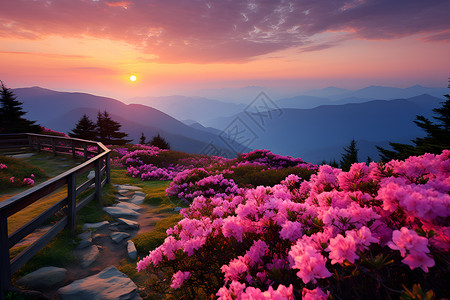 山顶矗立的粉色花海背景图片