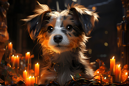 蜡烛中间的幼儿小狗背景图片