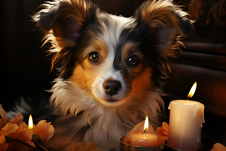 狗狗毛发蜡烛前的动物小狗插画