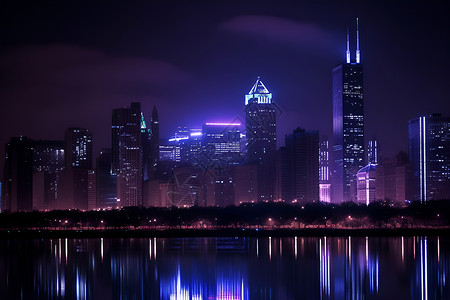夜晚的芝加哥湖畔高清图片