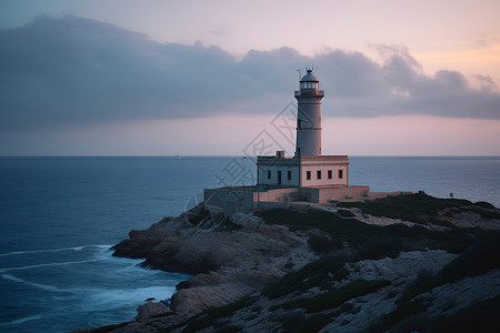 日出时刻的海岛灯塔背景图片