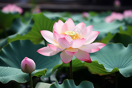 水塘中开着粉色莲花高清图片