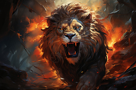 凶猛的狮子狮王追击插画