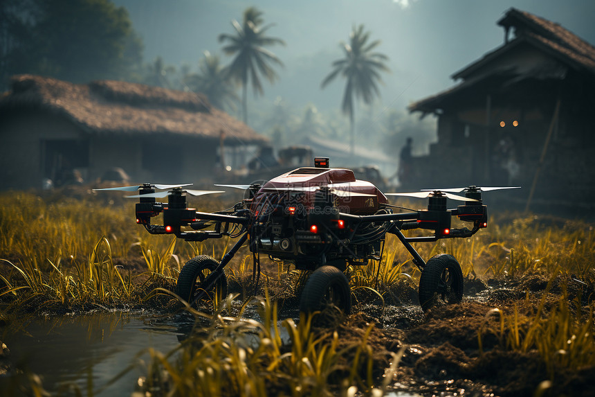 无人机喷洒稻田图片