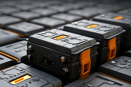 铅酸蓄电池一排排黑色盒子装的电池背景