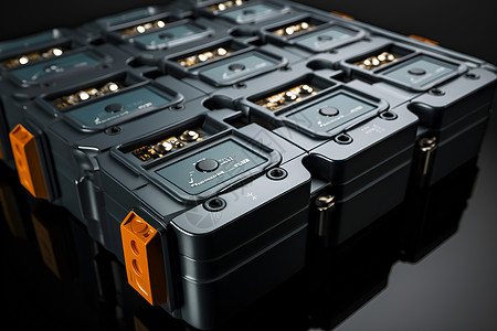 电池盒子一排带有橙色手柄的黑色箱子背景