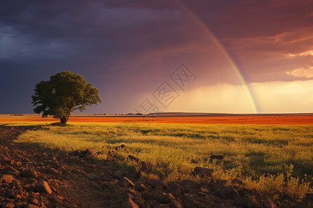 彩虹下的草地背景图片