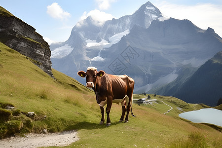 山坡上放牧的牛背景图片