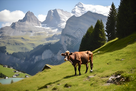 山坡上的农业牛背景图片