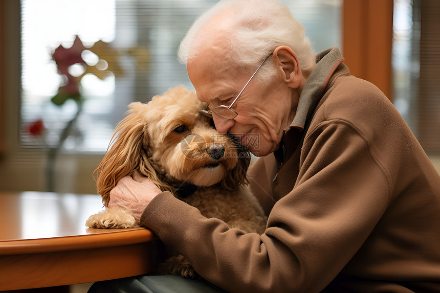 老人拥抱可爱的小狗图片