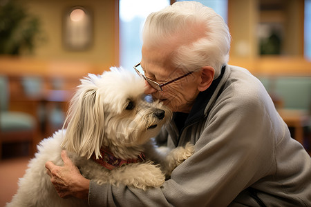 老人拥抱小狗背景图片