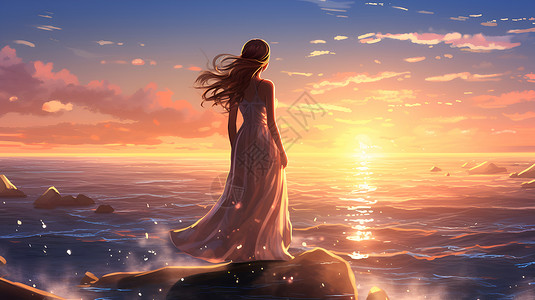 夕阳下少女凝望海洋背景图片