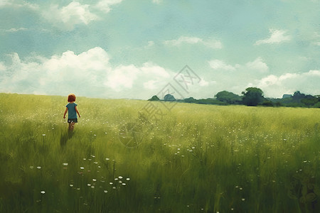 平原草地一个孩子独自在草地上玩耍插画