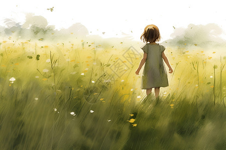 草地平原一个小孩在草地上插画