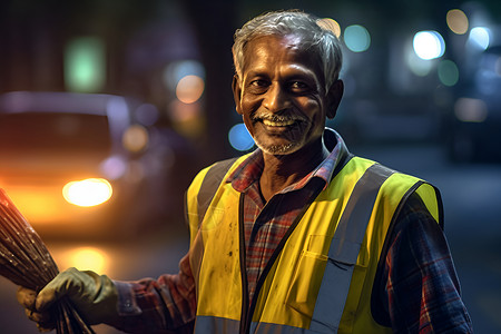 街头清洁工的微笑背景图片
