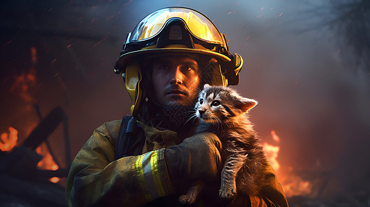 动物救援消防员与幸存的动物背景