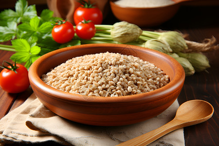 桌子上健康的糙米和番茄背景图片