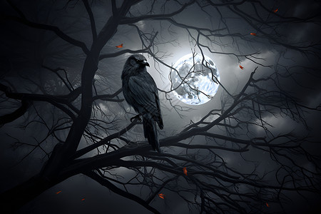 天文学黑夜树枝上的乌鸦插画
