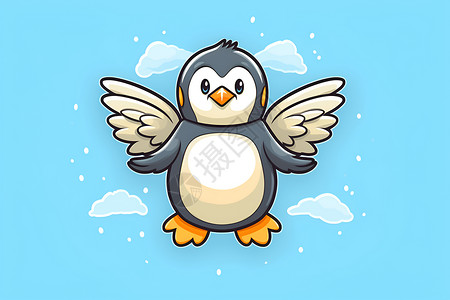 虎娃天空中飞翔的企鹅贴纸插画