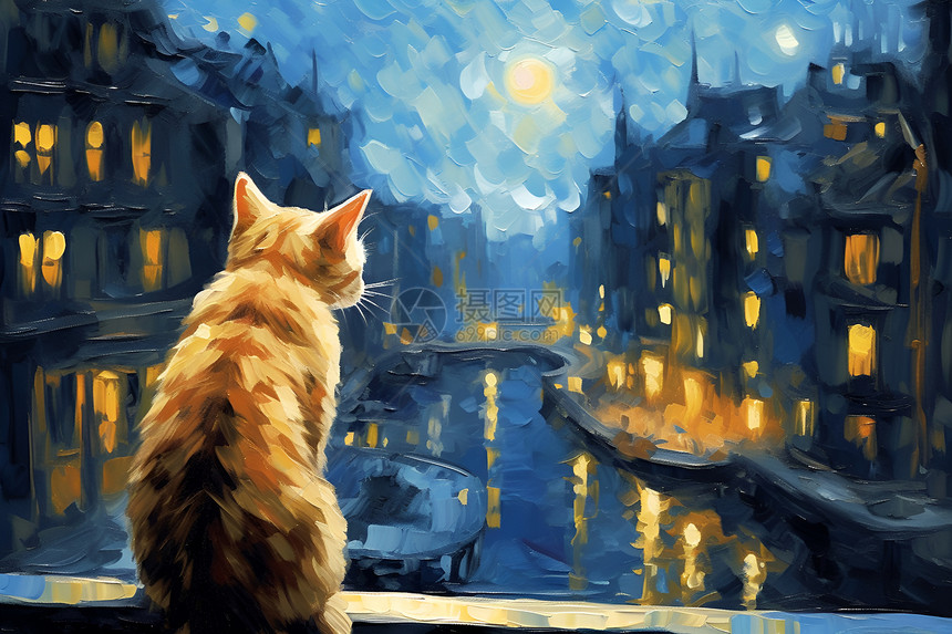 夜幕下栏杆上的猫咪绘画图片