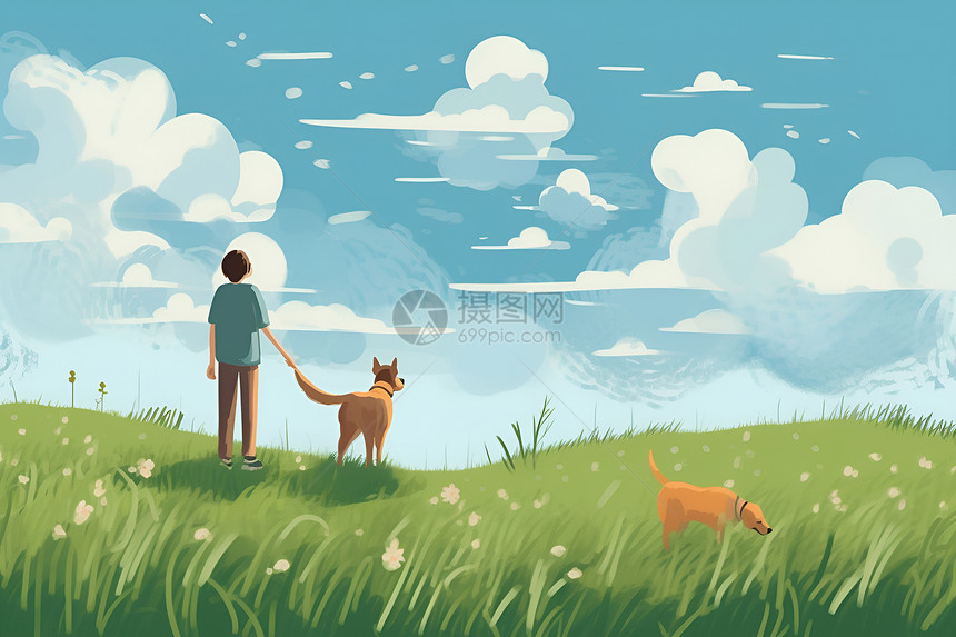 草坪上的男孩和狗狗图片