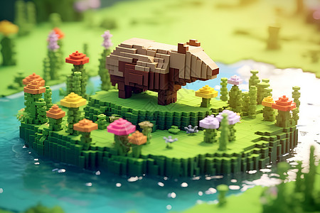 湖中积木上的玩具熊背景图片