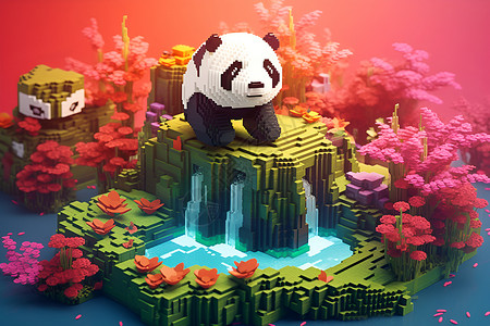 瀑布上的创意熊猫背景图片