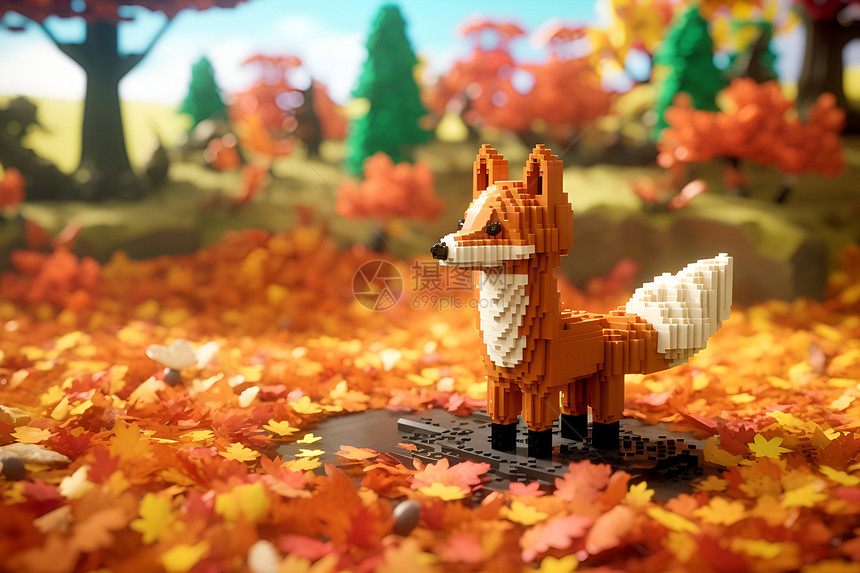 落叶中的积木狐狸图片