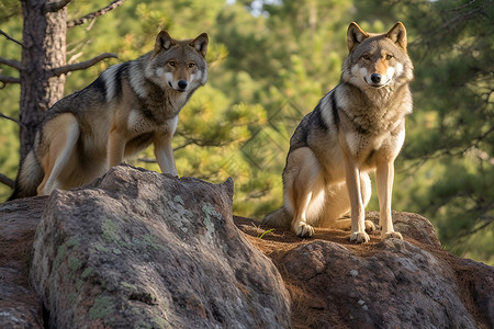 石头上的两只狼背景图片