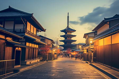 中纱帽街暮色中的京都彩街背景
