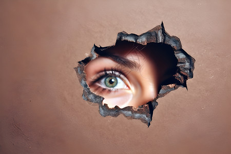 墙壁碎裂眼睛透过墙上的洞背景