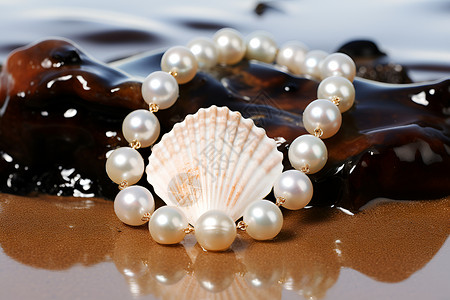 贝壳手链海滩上的贝壳和珍珠背景