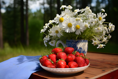 盆栽草莓草莓和雏菊花在桌子上背景