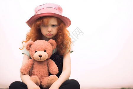 愁苦忧郁少女与泰迪熊背景