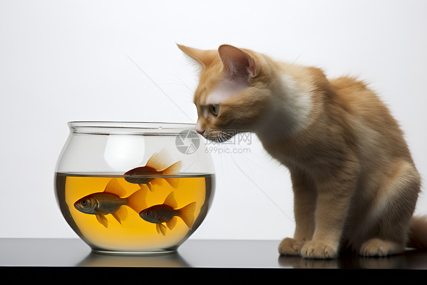 猫咪与金鱼缸图片
