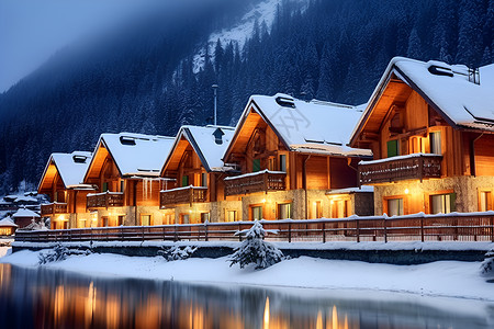 雪后的湖边小屋背景图片