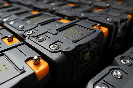 锂电池一排电池黑色背景上映衬出橙色电池标背景