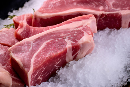 冰冻肉类冰上的鲜猪肉背景
