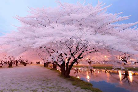 日本景色樱花下的月光江畔背景