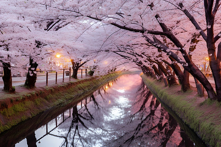 日本景色樱花河畔清澈流泉背景