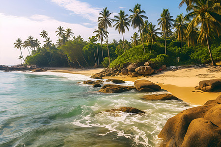 热带海滩的椰树与沙滩背景图片