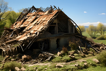 坍塌废墟废墟中的房屋背景
