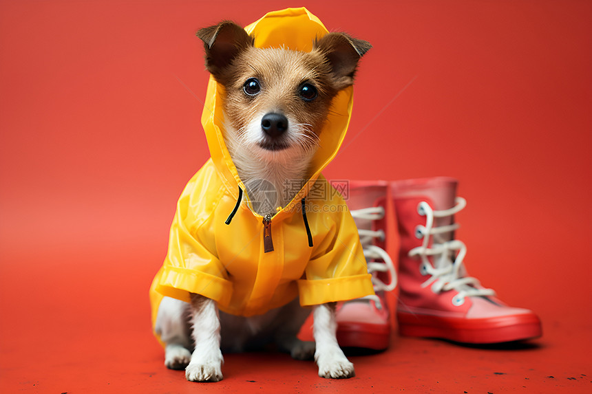 红色雨靴旁的小狗图片