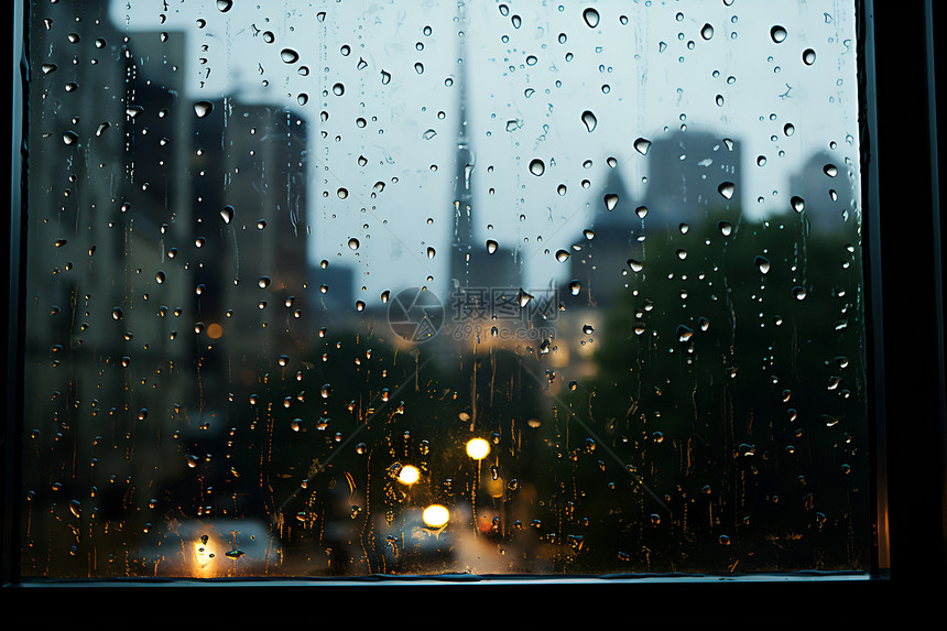窗外雨滴与城市景观图片