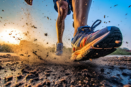 马拉松比赛运动员在泥泞道路上奔跑背景